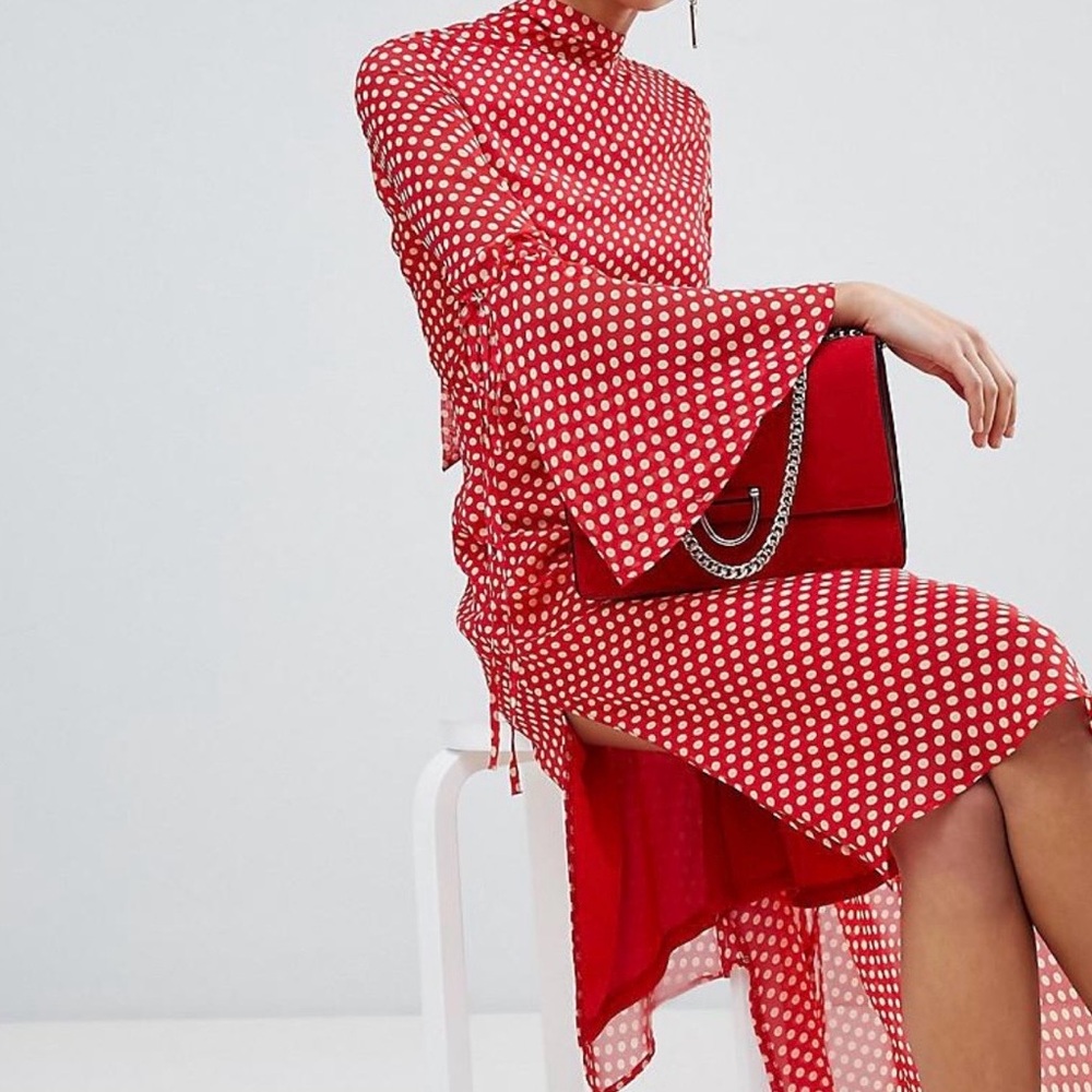 Boohoo Red Polka Dot Long Sleeve Midi Dress
